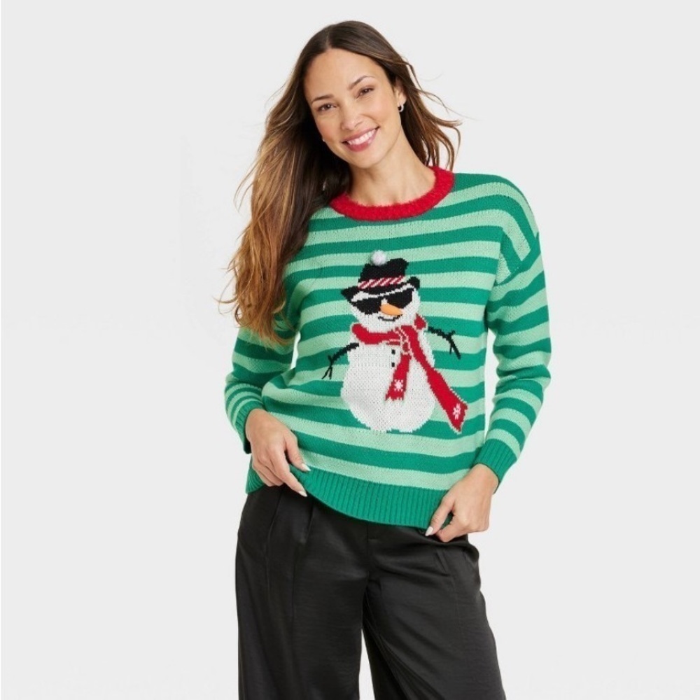 Women's Striped Snowman Graphic
Sweater - Green new